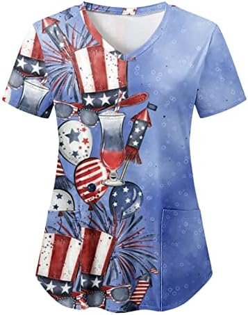 4 de julho Tshirt para mulheres de verão Manga curta vshirt de pescoço com 2 bolsos Top de blusa casual da bandeira de