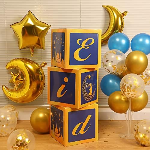 Caixas de decoração de Chitidr Eid Ramadã com balões, 3 PCS caixas de papel azul roxo com balão de lua estrela para Eid Mubarak