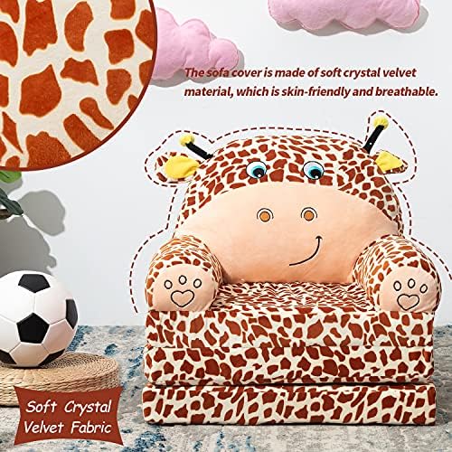 Sofá infantil dobrável de desenho animado de Higogo, girafa de girafa de girafa crianças backrest backrest Bolthair Bed com bolso, estofado de 2 em 1 flip de bebê de bebê aberto para o quarto da sala de estar, marrom