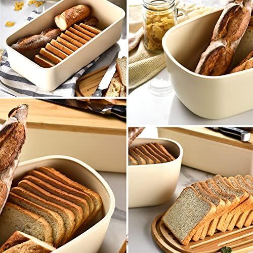 Yovda Caixa de pão de pão extra grande, branca, moderna caixa de pão de fibra de bambu para bancada com tampa de madeira reversível,