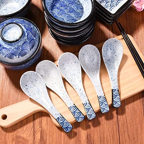 Sopa de cerâmica japonesa colheres de sopa japonesa conjunto de 5 porcelana onda azul ramen sloopn para pho ramen