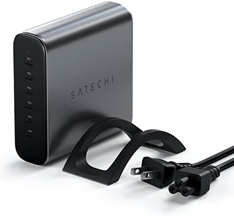 Satechi Gan 200W USB C Carregador com 6 portas-2x USB-C PD 3.1 e 4x USB-C PD 3.0, estação de viagem de carregamento rápido compatível com a Apple e a maioria dos dispositivos USB-C Thunderbolt