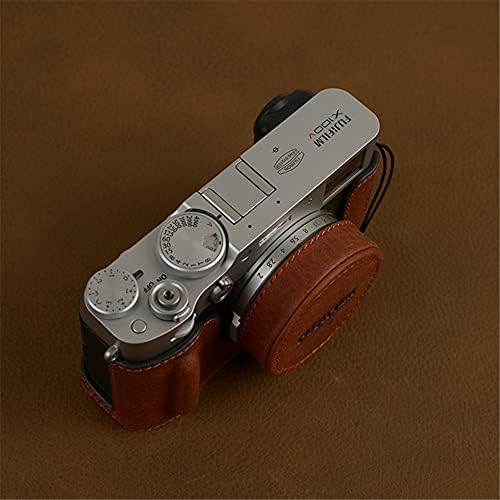 Tampa de câmera de couro genuíno tampa de tampa de proteção à mão de couro com corda anti-perdida para fuji x100v, marrom avermelhado