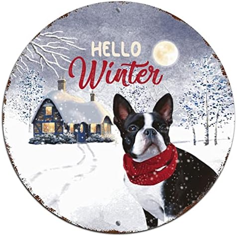 Ao ar livre Feliz Natal Principal Hello Winter Snow House Dog redonda de metal sinal de lata Decoração de parede de