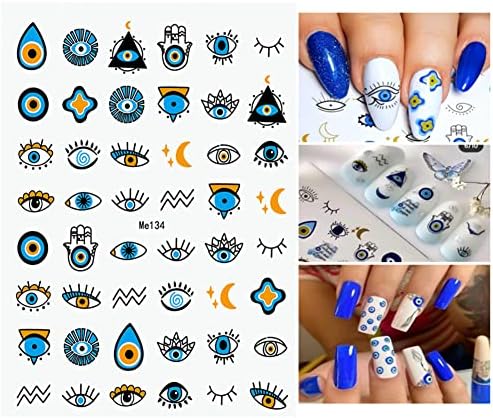 10 lençóis Evil Oal Nail Arts adesivos, 3D Auto-adesivo azul olho azul hamsa mão de mortima desenho de desenho animado adesivos adesivos de decalques de capa de dedos para mulheres meninas