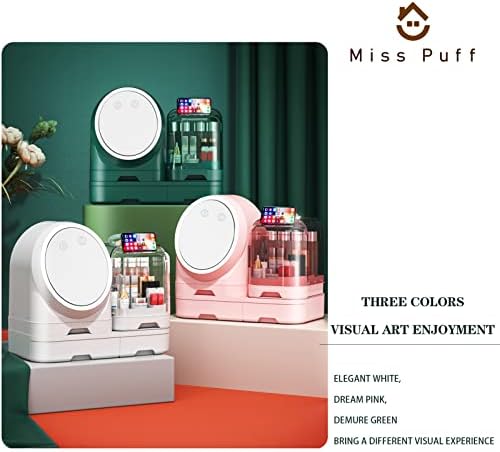 Miss Puff Makeup Organizer com espelho e ventilador de LED, caixa de exibição de armazenamento cosmético de grande capacidade, organizador de cuidados com a pele à prova d'água e à prova de poeira para cômoda de banheiro e vaidade