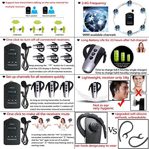 EXMAX EXD-6824 2.4G Sistema de tradução de transmissão de voz sem fio mais de 23 horas de trabalho ideal para equipe de viagem, conferência, transmissores da igreja-2 e 50 receptores+estojo de prata