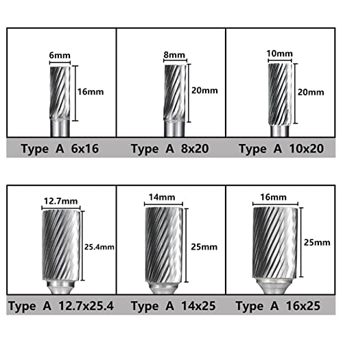 Arquivos rotativos de 6 mm de tungstênio tungstênio diâmetro Bit Bit 16-25,4mm Burrs rotativos de corte único para ferramentas