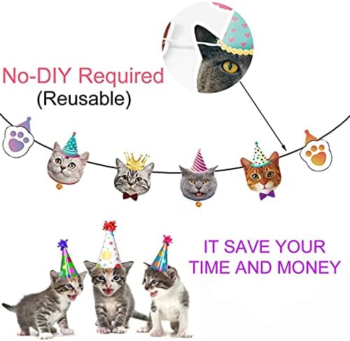 Conjunto de decoração de festa de gatos Obsgumu, 14 PCs Faces de gato Banner Birthday Birthday Cat Garland, 24 Pcs Cupcake