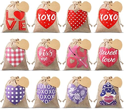 36 PCS Sacos de presente de serapilheira do Dia dos Namorados com sacos de coração de cordão de linho presente bolsa de favor