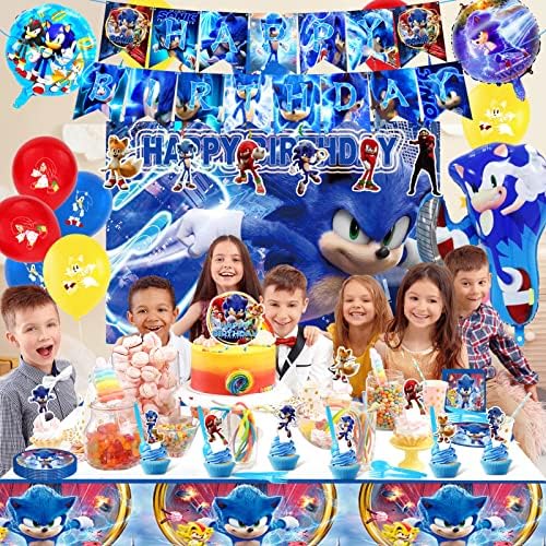 Sonic Birthday Party Supplies, Sonic Party Decorações incluem pano de fundo, banner, toalhas de mesa, toppers de bolo, guardana