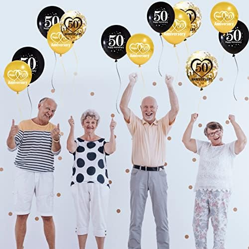 30pcs 50º aniversário Decorações Kit de balões, 12 polegadas de ouro preto feliz 50 aniversário de casamento confete de confete de confete de balões