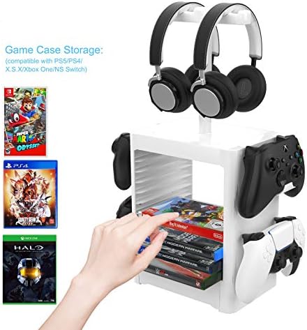 Joytorn Games Storage Tower para PS5, Rack de disco de jogo e controlador/suporte do fone de ouvido compatível com a série Xbox