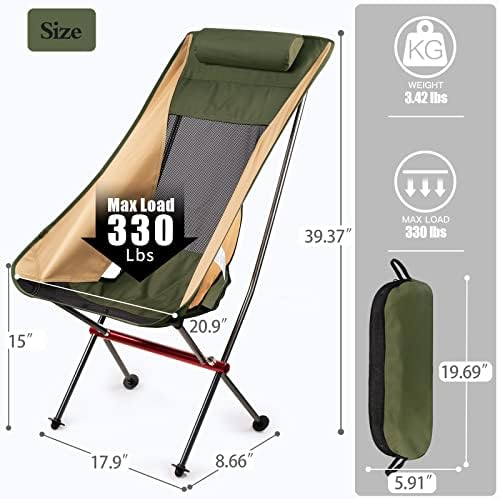 Cadeira de acampamento portátil, compacta Ultralight High Back Camps para adulto, travesseiro removível de mochila de alumínio, bolso lateral e bolsa de transporte, para viagens ao ar livre na praia de viagem