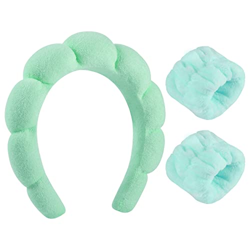 Banda da cabeça do spa de esponja para mulheres, maquiagem verde na bandana e pulseira para lavagem de rosto, remoção de maquiagem