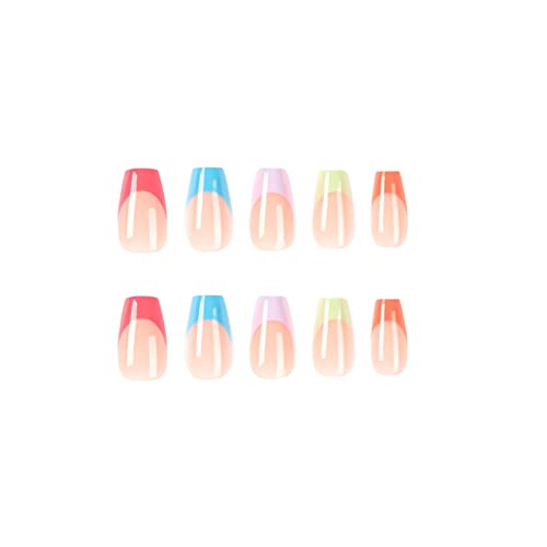 Rainbow French Tip Nails Fake Press Pressione Pressione Nails Comprimento médio pregos de acrílico unhas coloridas