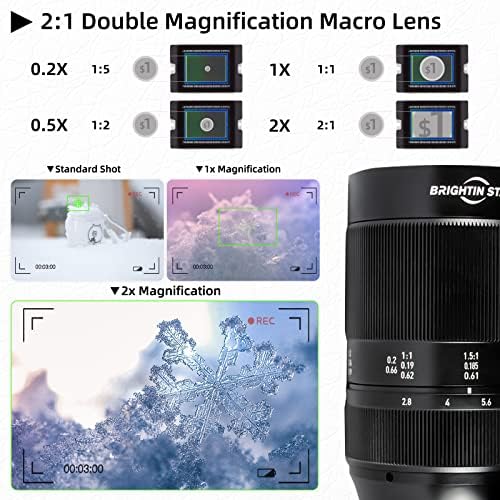 Brightin Star 60mm f2.8 2x Lente de câmera Manual de Macro de Macro 2x, Fit para Sony Alpha ZV-E10, A7IV, A6400, A7II,
