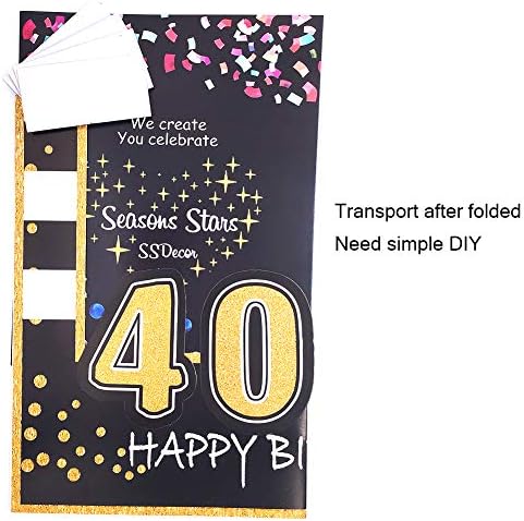 Glithery 40th Birthday Selfie Photo Booth Frame Black and Gold Birthday Party Photo Props - versão atualizada com suporte de papelão