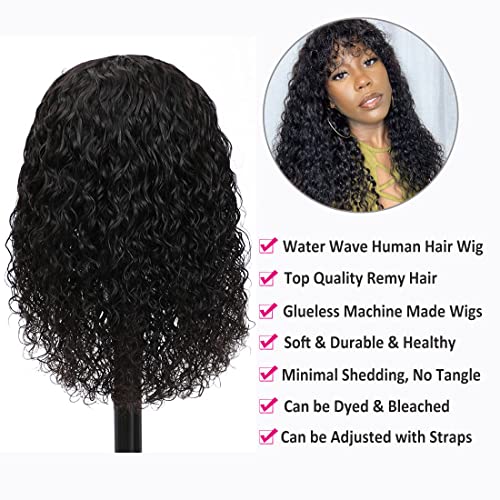 Water Wave Human Hair Wigs com franja 16 polegadas Nenhuma perucas dianteiras de renda Cabelo humano para Máquina Black Mulher