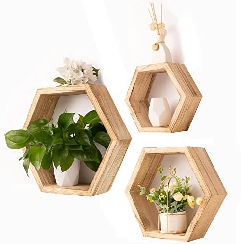 XL Prateleiras flutuantes de hexagon de 3 - Prateleiras de favo de mel de madeira resistente Reactdecor - Prateleira de