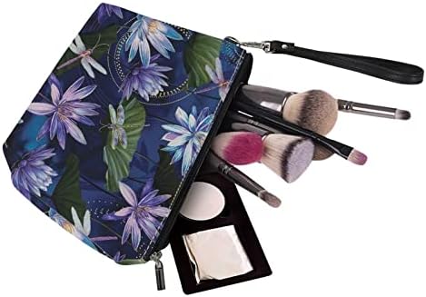 Dolyues Blue Flower Dragonfly Pattern Sacos cosméticos para mulheres Small maquiagem para bolsa com dinheiro com zíper