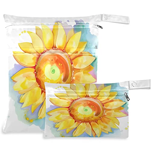 VISESUNNY SUNFOLER SUNFLOWER 2PCS SACO molhado com bolsos com zíper Bolsa de fraldas lagartas laváveis ​​para viajar,