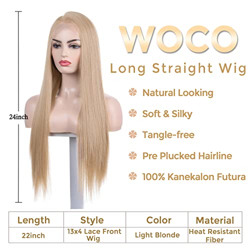 WOCO 13x4 Perucas dianteiras de renda para mulheres Longo Light Light Light Blonde Wigs Natural Hairline Pré -densidade 150% Densidade