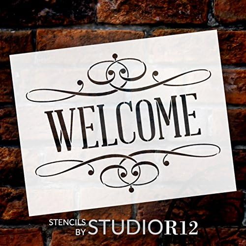 Bem -vindo estêncil por Studior12 | Modelo Mylar reutilizável | Série Série Palavra - para pintar em madeira rústica
