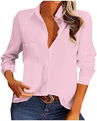 Mulheres de botão para baixo camisas com bolso de manga longa V Neck Work Office Bloups Casual Solid Business Tops Slim Fit Shirt