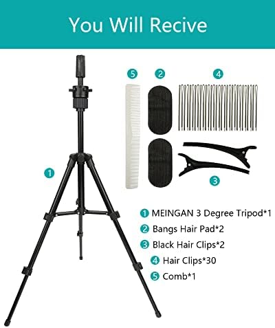 Mini Wig Mini Stand Tripod - 26,7 polegadas de metal ajustável, porta -peruca portátil para cabeça de tela, cabeça de manequim, para casa, barbearia, escola ou mannequin com clipe de cabelo, pente - preto