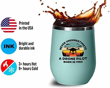 Drone Pilot Teal Wine Tumbler 12oz - Piloto de drones nascido em 1950 - Drone Pilots Aviation RC Quadcopter Operator