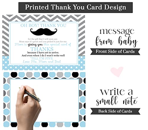 Cartões de agradecimento do chá de bebê de bigode Nota Preenchida de Boy - NotCardards individuais com envelopes - diga obrigado