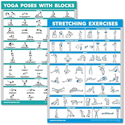 2 pacote - poses de bloco de ioga + conjunto de pôsteres de exercícios - posições de ioga com gráfico de blocos - conjunto