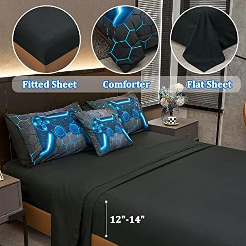 Console de jogo Tasselily Console Blue Consol Set com folhas, 6 PCs Bed em uma bolsa Geométrica Lightweight Boys Bedding de tamanho