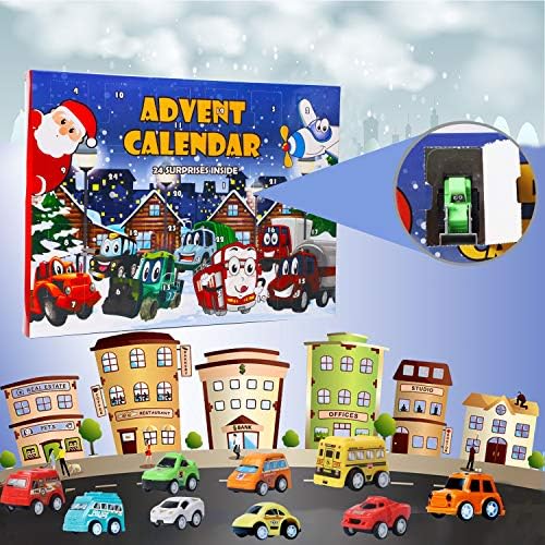 Calendário de advento de Natal de ATDAWN com 24 veículos diferentes, calendário de advento de carro para crianças, estoque de carros brinquedos, contagem regressiva para crianças para crianças meninos e meninas adolescentes