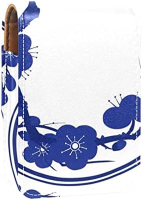 Caixa de batom de oryuekan com espelho bolsa de maquiagem portátil fofa, bolsa cosmética, flor azul marinho de flor étnica Blum