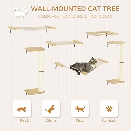 Pawhut único árvore de gato feita de prateleiras de gatos com 8 níveis para mais altura, playground de escalada de árvores de gato montada na parede com redes de gato, árvore de gatos modernos