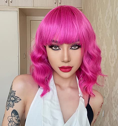 Aisi Beauty Hot Pink Wig com franja curta Bob ondulada Curly Wig Limite Wig Hot Pink Wigs para mulheres Cabelo sintético Peruca