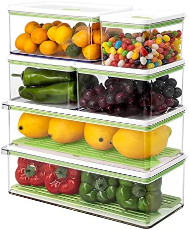 Recipientes de alimentos de plástico empilhável de MineSign 6pack com tampas ventiladas e geladeira de drenagem removível Produzir caixas organizadoras de economia para geladeira Fruits Fruits & Veggie Organização de cozinha de armazenamento