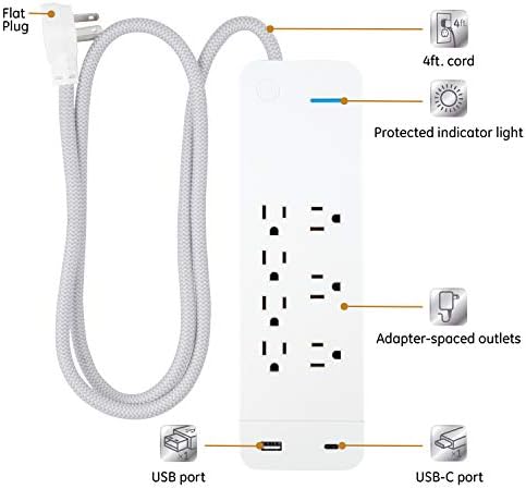 GE UltraPro 7 Protetor de Sunda de Outlet & GE 2 Protetor de Surge USB, 12W/2.4A Total USB, cabo de extensão trançado 10 pés, plugue