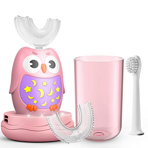 Escova de dentes elétrica infantil da AUITRONCARE, Ultrassonic Automatic dentes em forma de U com 3 cabeças de escovação e xícara, Ipx7 à prova d'água, melhor presente para crianças de 2 a 12 anos