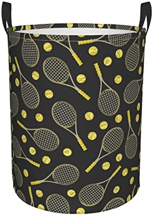 Raquetes engraçados de tênis e bolas de tênis redondo cesta de lavanderia, roupas grandes curando armazenamento de pano oxford armazenamento