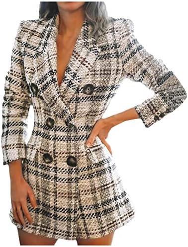 Jackets de inverno feminino Padrão xadrez colorblock de traves duplos de trespôs casacos quentes tops de roupas cortadas bonitas