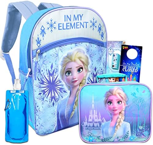 Mochila congelada da Disney Conjunto de mochilas e lancheiras - pacote de suprimentos da Disney School com mochila ELSA e lancheira isolada, além de garrafa de água, chaveiro, adesivos e muito mais