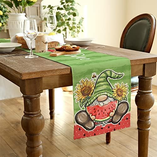 Gnome Gnome Flower Summer Table Runner 72 polegadas, Spring Farmhouse Rustic Holiday Runners Dining Dining Table Decoration