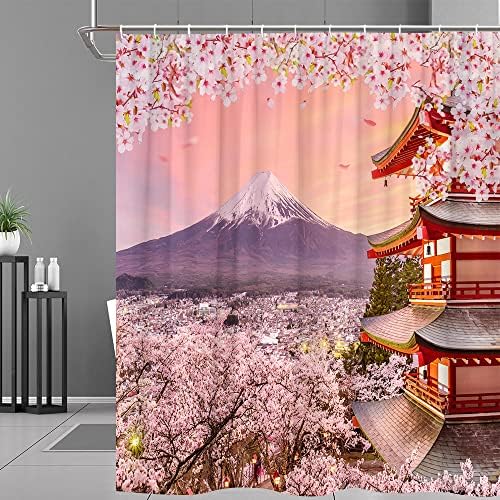 Cortina de chuveiro da montanha de Wyurmkt Montagem de cerejeira japonesa Monte Fuji Paisagem Natural Flor Rosa Polso Sunset Romântico Rústico decoração de banheiro cortinas de poliéster Tecido com ganchos 70wx70h polegada