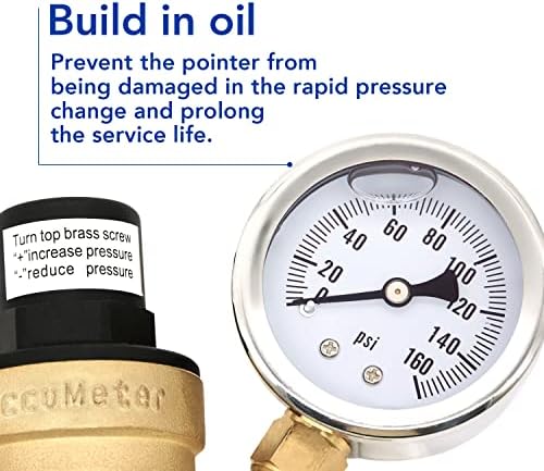 Accumeter 3/4 regulador de pressão de pressão sem chumbo sem chumbo válvula de água com medidor, redutor de pressão ajustável para campista de trailer, construção em óleo, fio NH