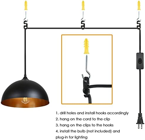 TOMSHINE Plugue luz pendente, cúpula de metal pendente de pingente 2 pacote com plugue de 15 pés de cordão, interruptor liga/desliga,