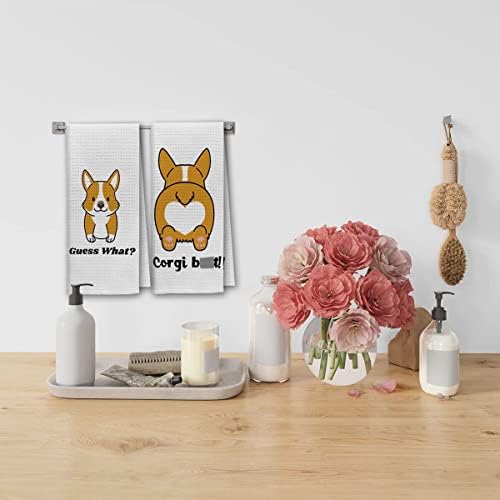 DiBor Adivinhe o que corgi toalhas de cozinha Toalhas de prato pano de prato, fofo corgi decorativo absorvente secagem pano toalhas