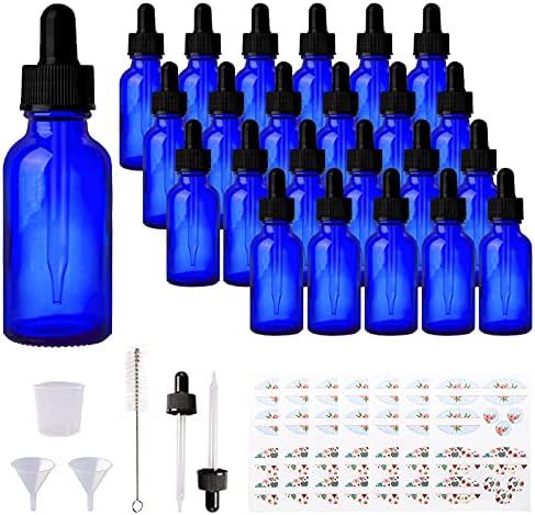 Comrzor 24 pacote 1 oz garrafas de vidro azul cobalto com gotas de olhos de vidro para óleos essenciais, perfumes e produtos químicos
